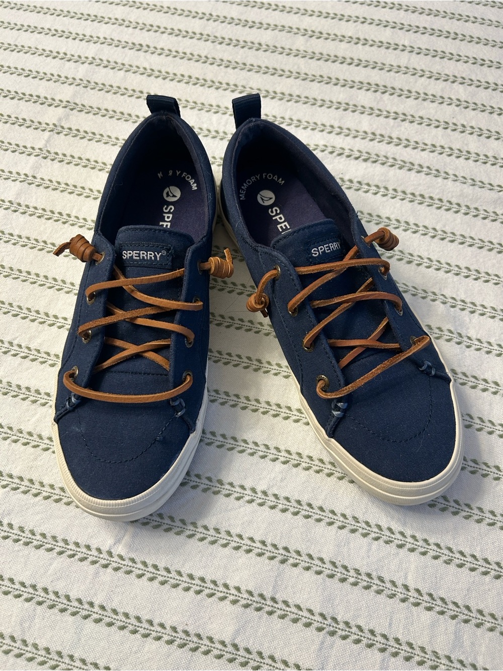 Sperry Navy Canvas Boat Shoes with Camel Laces